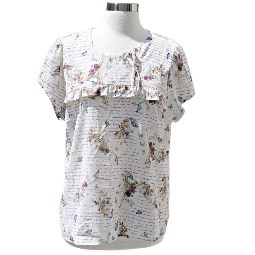 Paris Butterfly Floral Boho Flouncy Ruffle Blouse